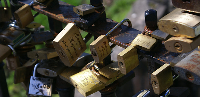 Love padlocks on park bridge