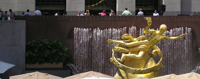 Rockerfeller Center statue and waterfalls