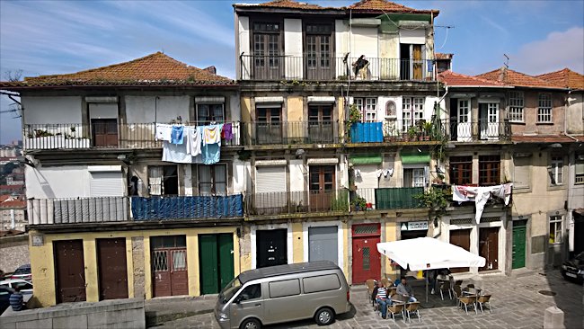 View of cafe in front of the cathedrl in Porto